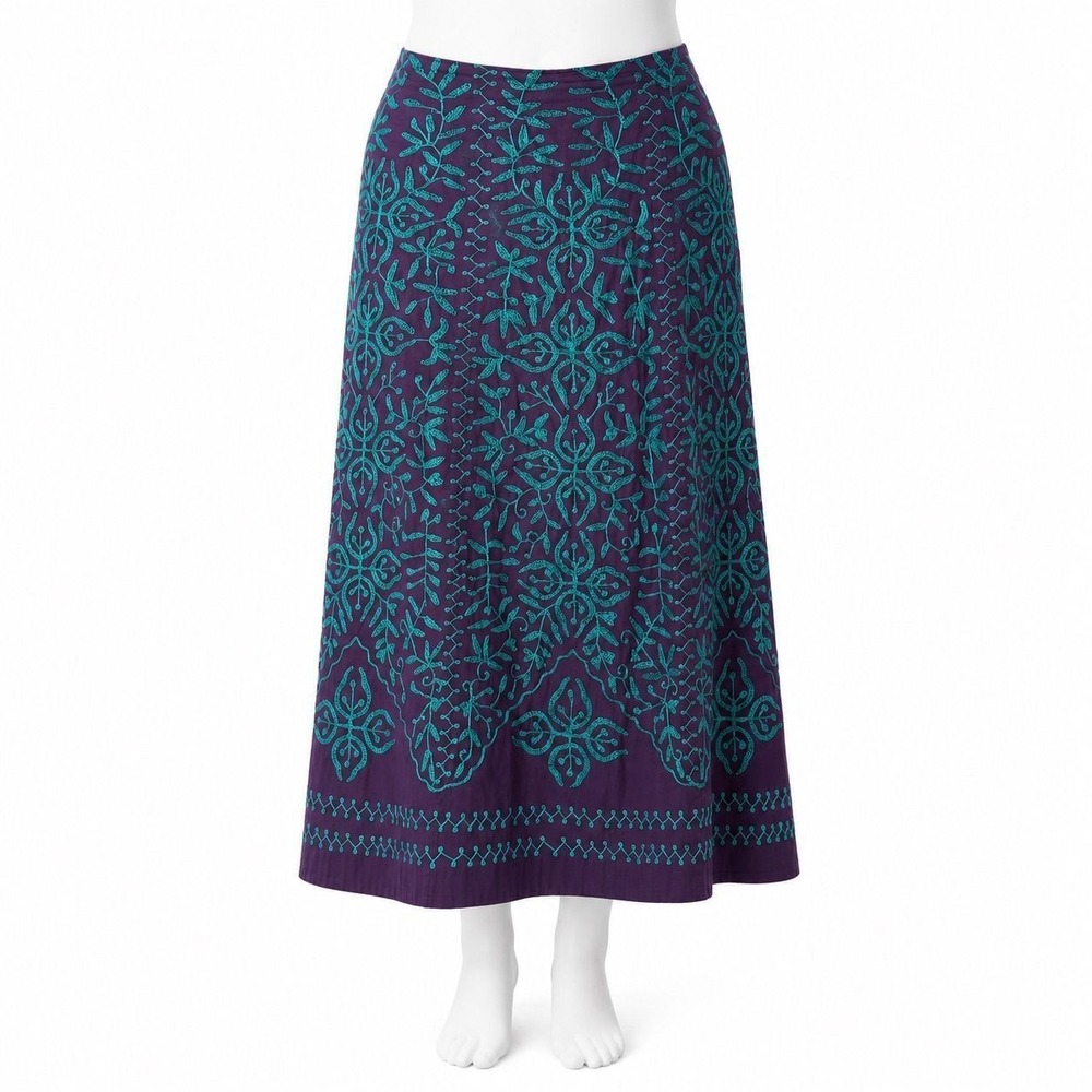 Soft Surroundings Women's Large Purple Teal Embroidered Boho A-Line Maxi Skirt
